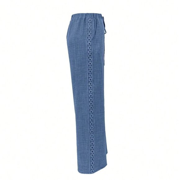 Blue Casual Women's Imitation Denim Linen Blend Side Lace Insert Long Pants - Picture 4 of 4